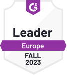 Badge with G2 logo and text Leader Europe Fall 2023