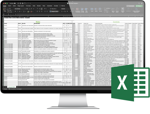 Computer monitor displaying a spreadsheet. Excel logo in the corner